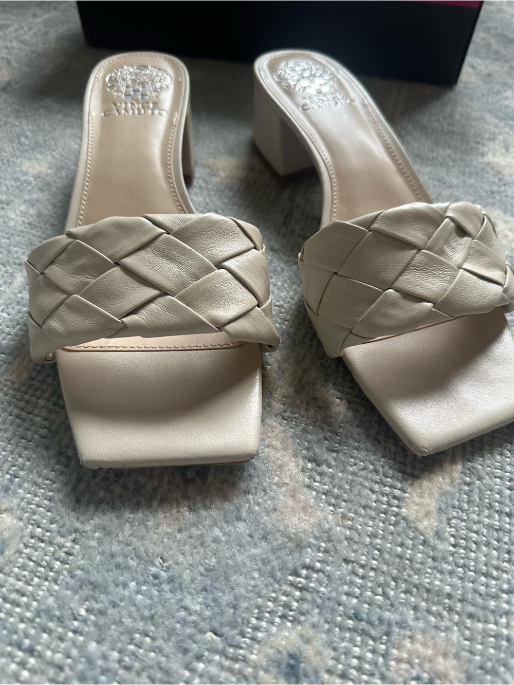 Vince Camuto Cream Braided Leather Block Heel Sandal, Neutral Cream, 8.5